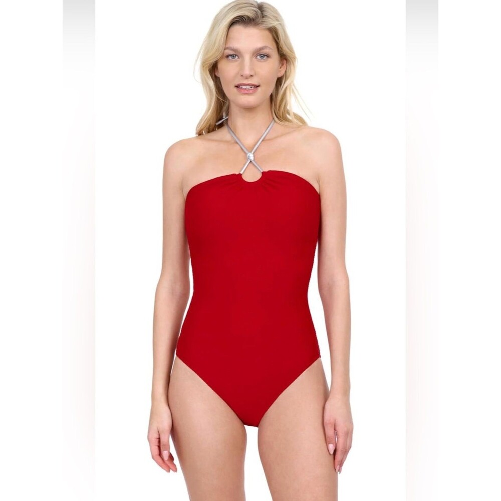 Gottex Harbourside Ruby Red Textured Bandeau Halter One Piece Swimsuit 8 NWT